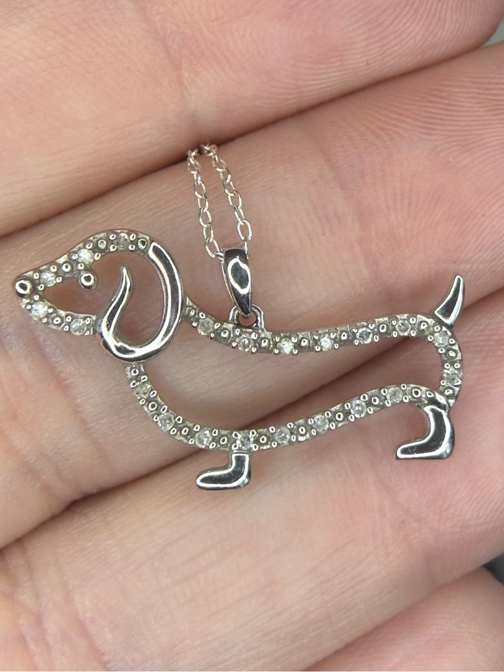 925 Sterling Silver Dachshund Dog CZ Pendant Necklace